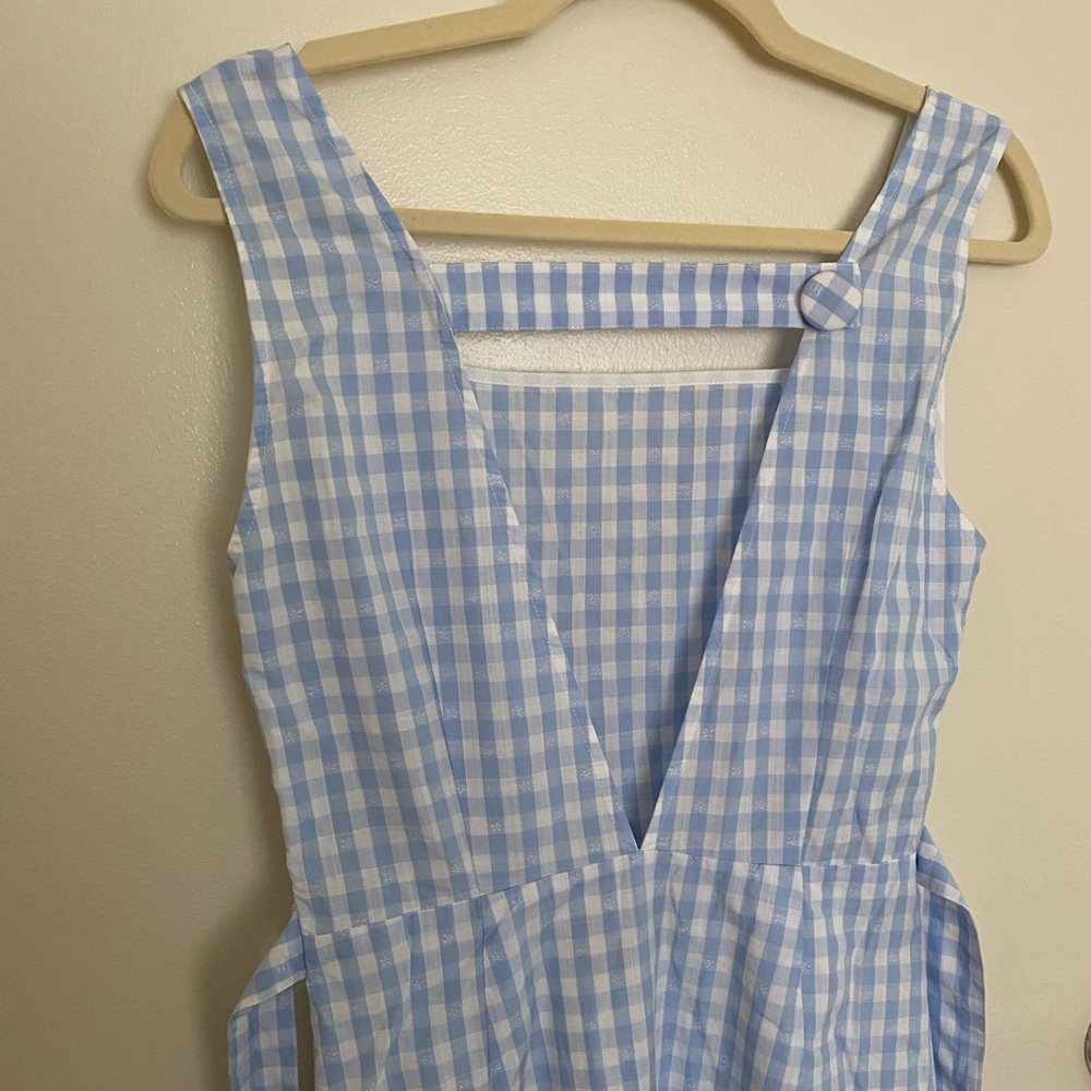 Blue gingham midi dress with embroidery detail